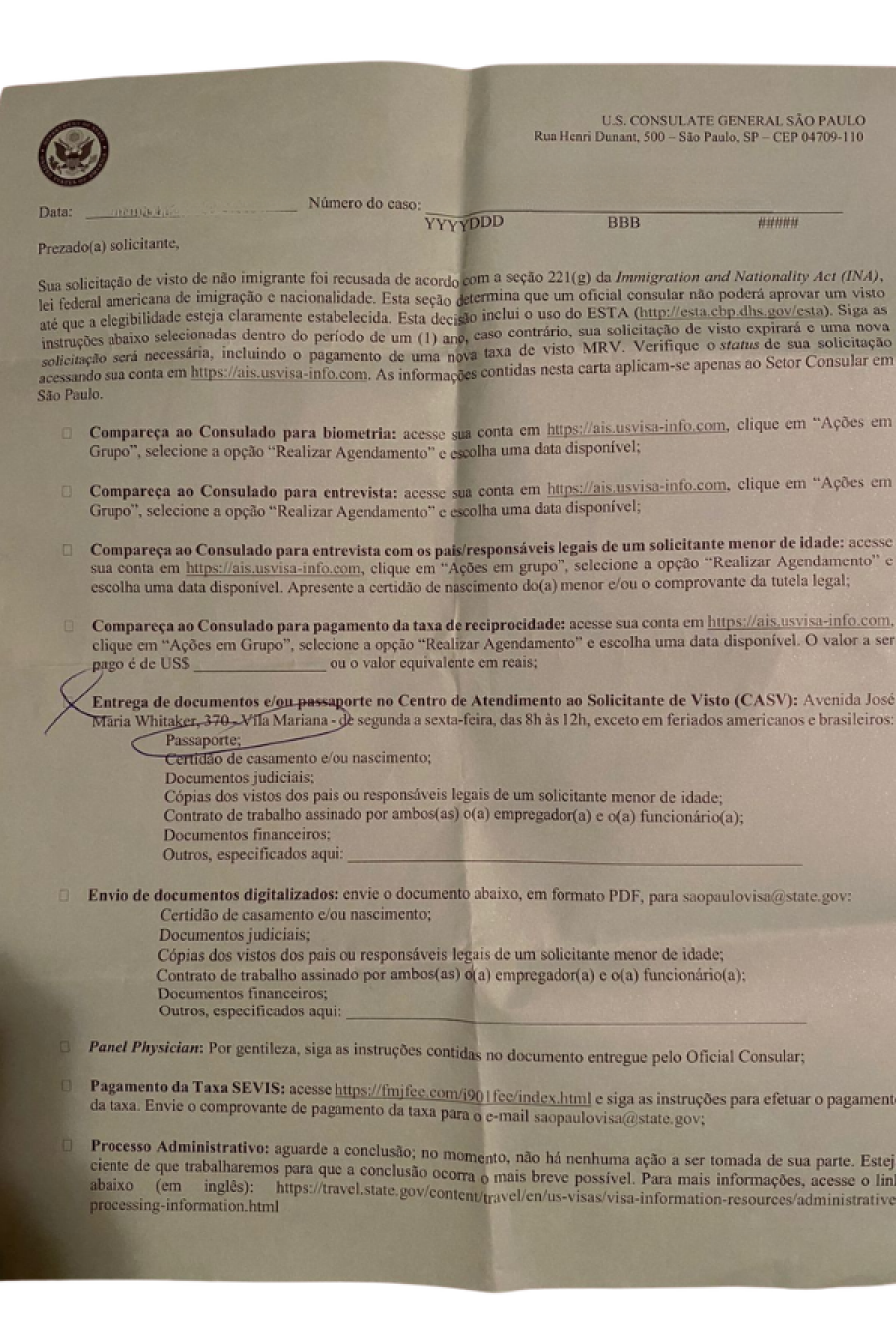 Imagem Carta negativa visto americano 221g